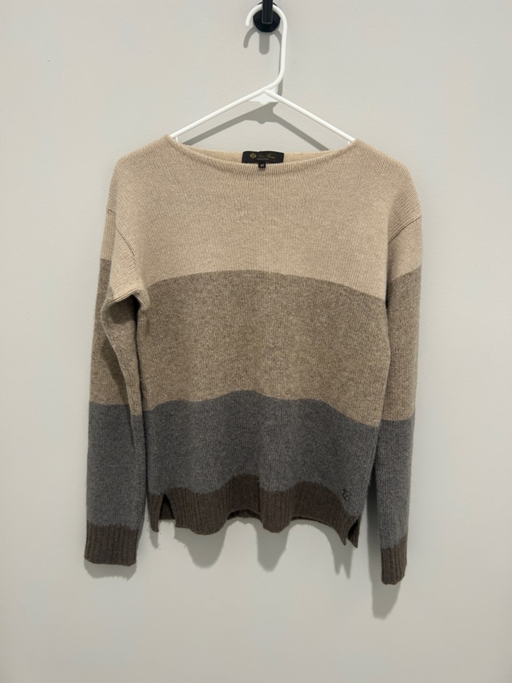 Lori Piana 100% Cashmere Striped Neutral Crewneck Sweater - Beige & Gray